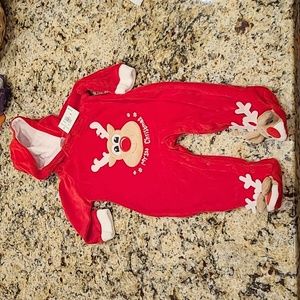 My First Christmas Reindeer One Piece Red Hooded Romper